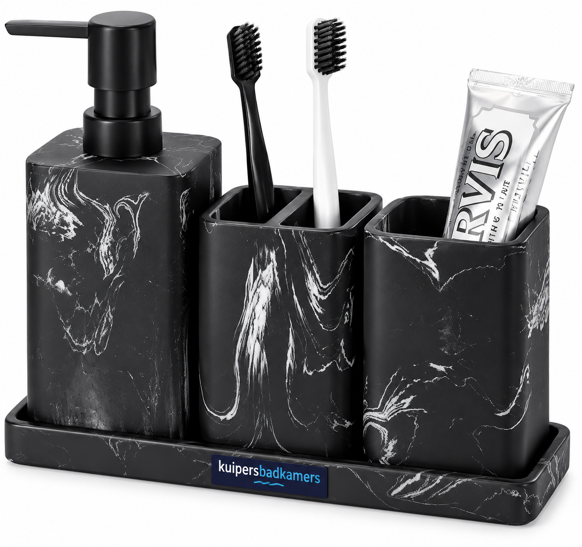 Kuipers Badkamers 4-Piece Bathroom Accessories Set – Black Marble Look