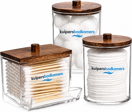 Kuipers Badkamers 3-Piece Q-Tip & Cotton Swab Holder Set – Brown Wood Lids