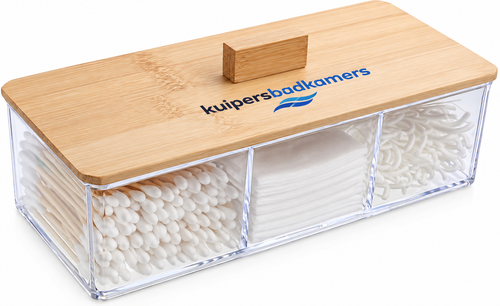 Kuipers Badkamers 3-Compartment Q-Tip & Cotton Ball Holder – Clear Organizer with Wood Lid